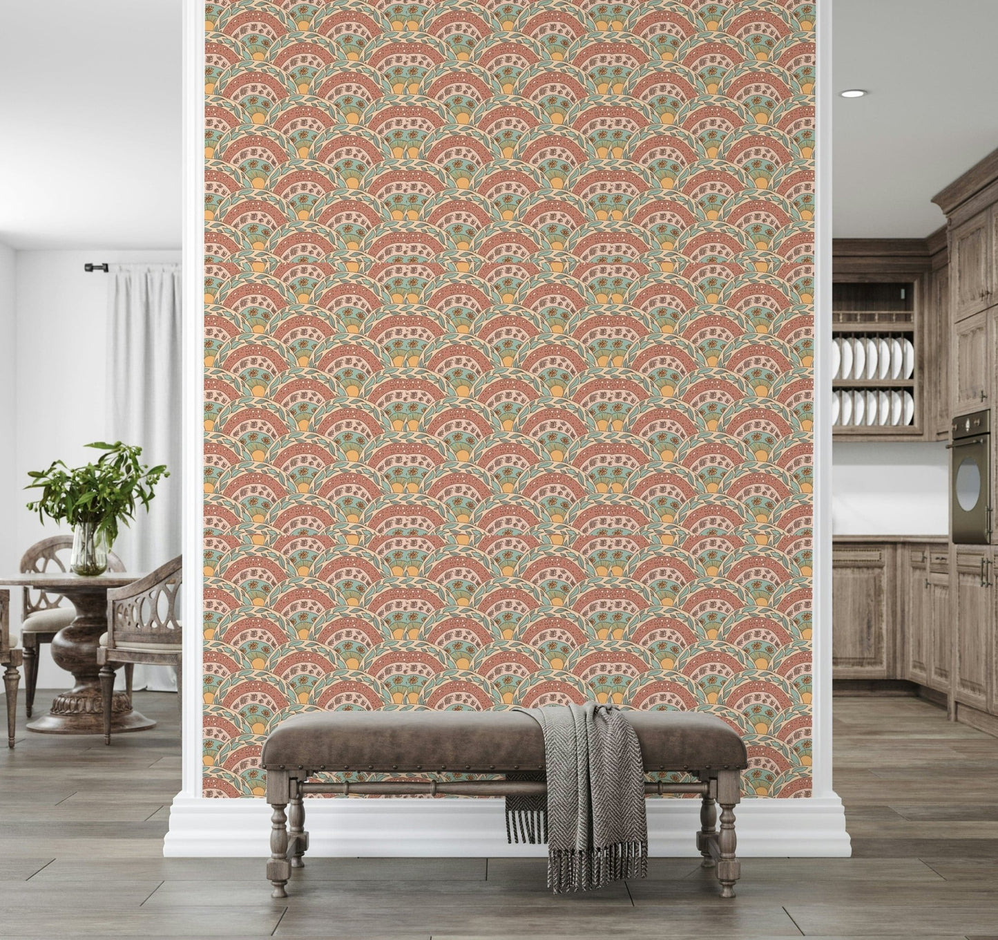 Warm boho blooms with sunburst rays in a soft, artistic layout.