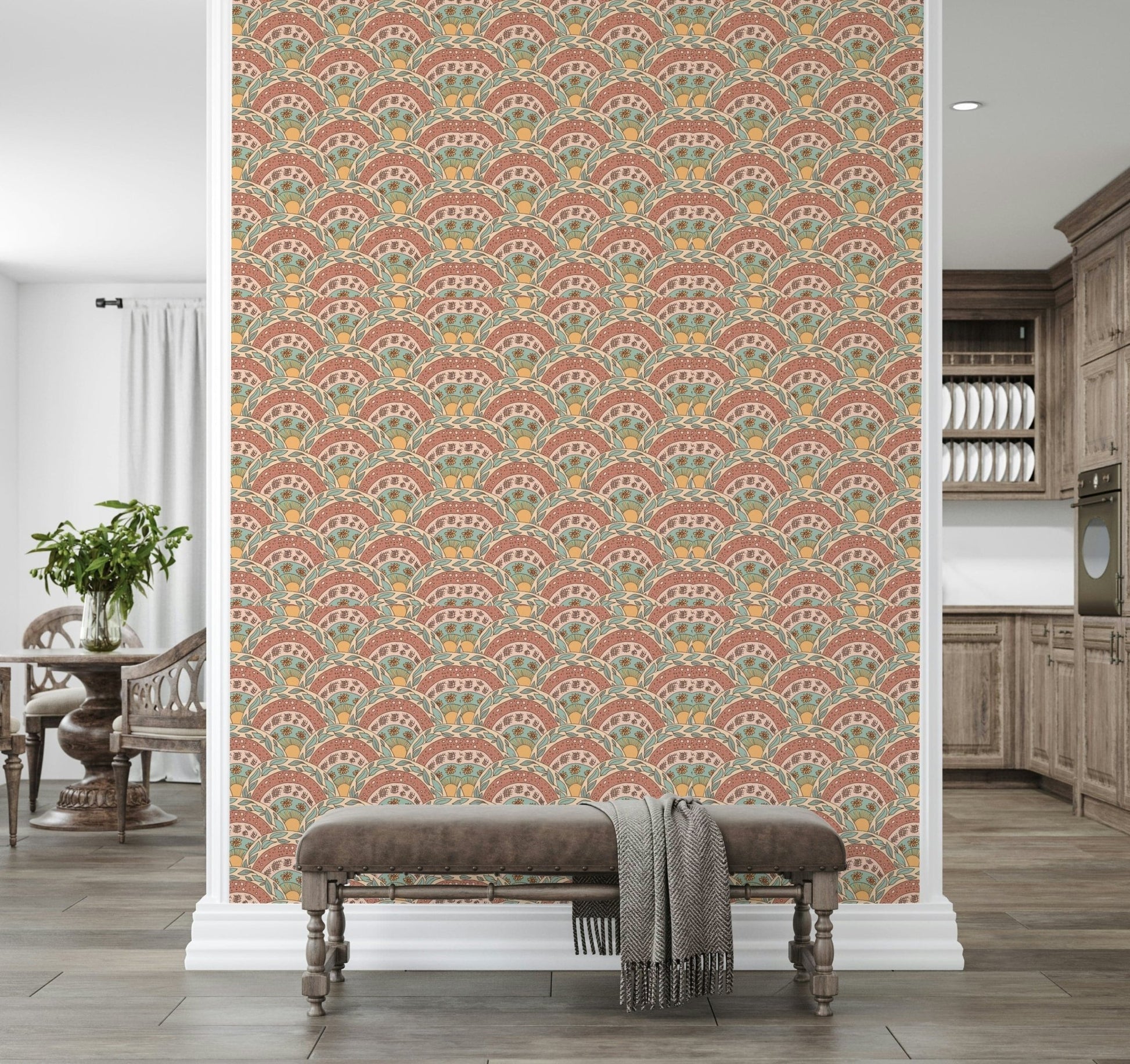 Warm boho blooms with sunburst rays in a soft, artistic layout.