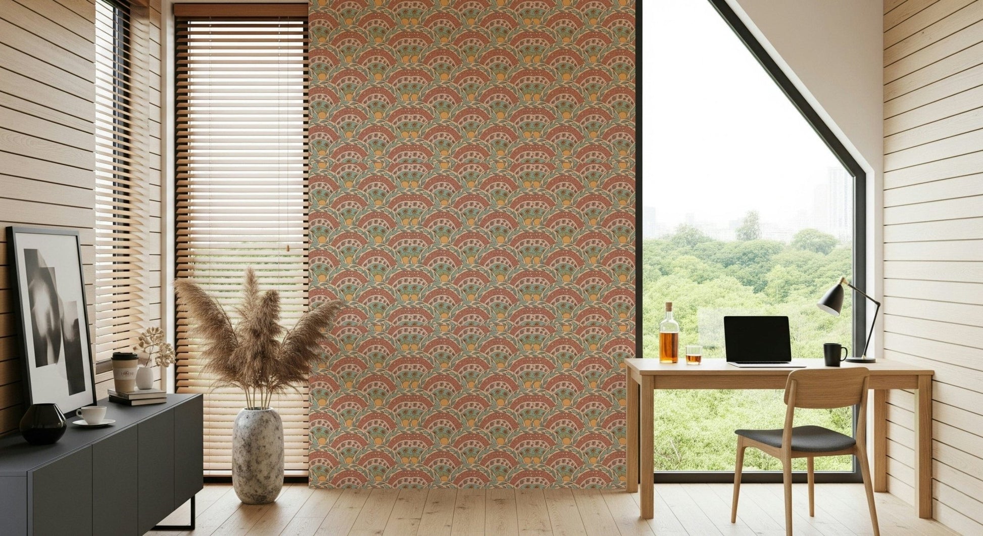 Organic sunburst blooms in terracotta and neutral boho tones.
