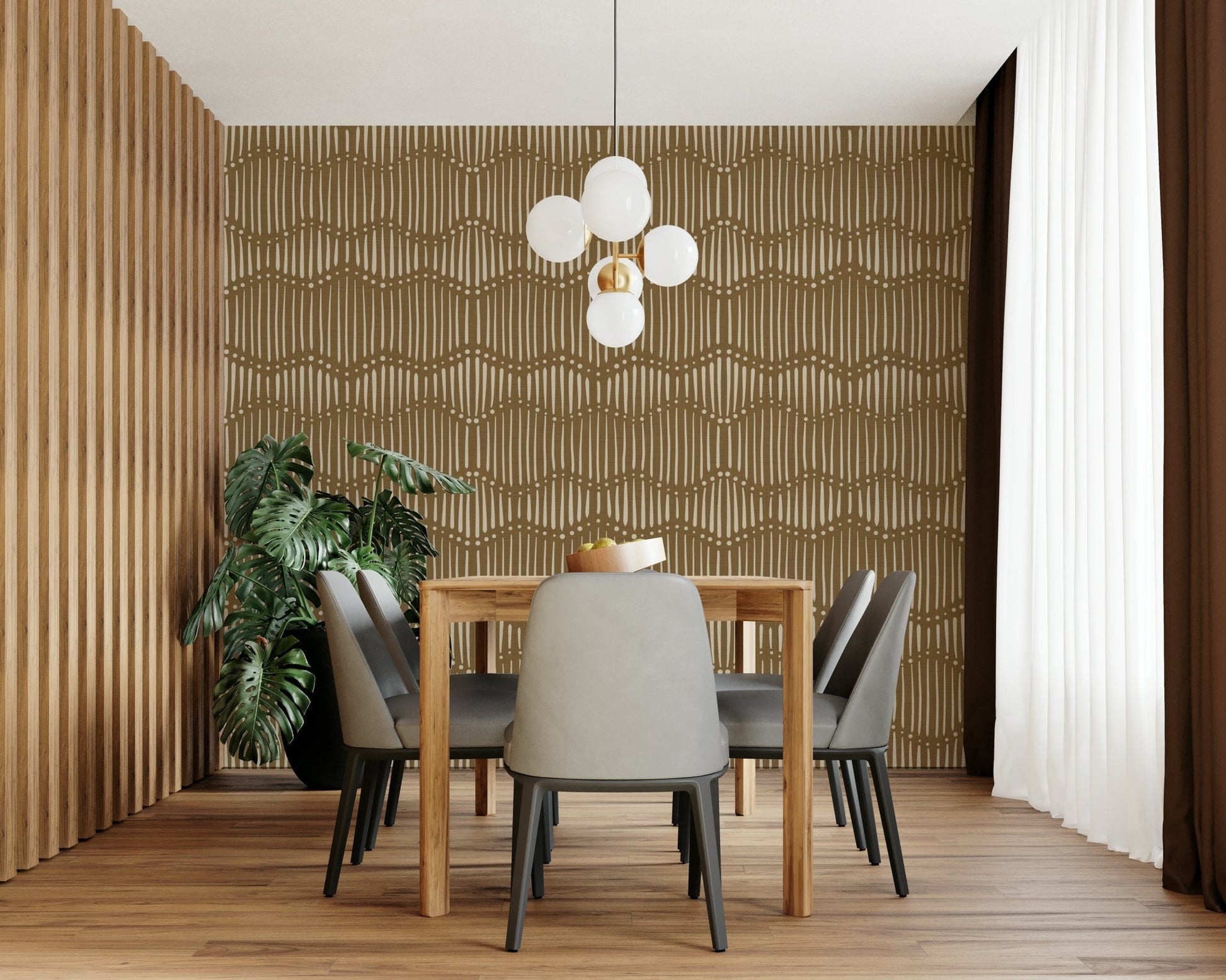 The room's lighting highlights the serene, quiet feel of the mural.

