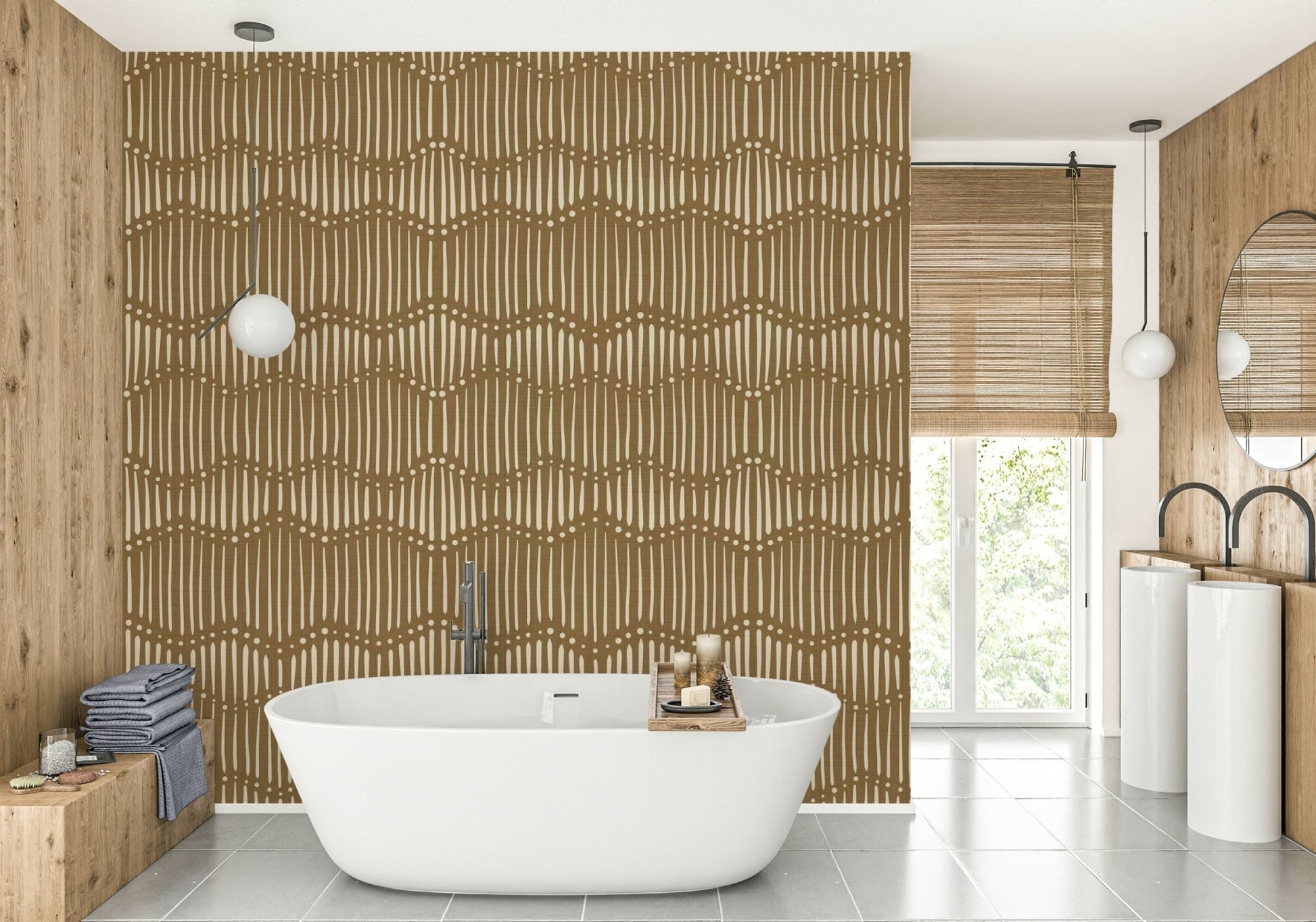 A wall mural featuring a soft, abstract boho pattern.

