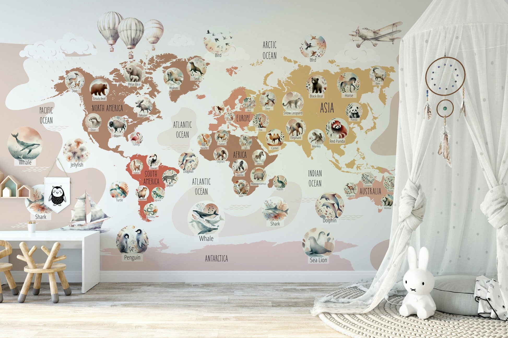 A bohemian animal globe wall covering.

