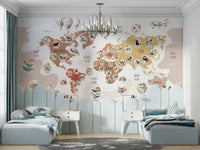 A bohemian animal map wallpaper for a kids' room.

