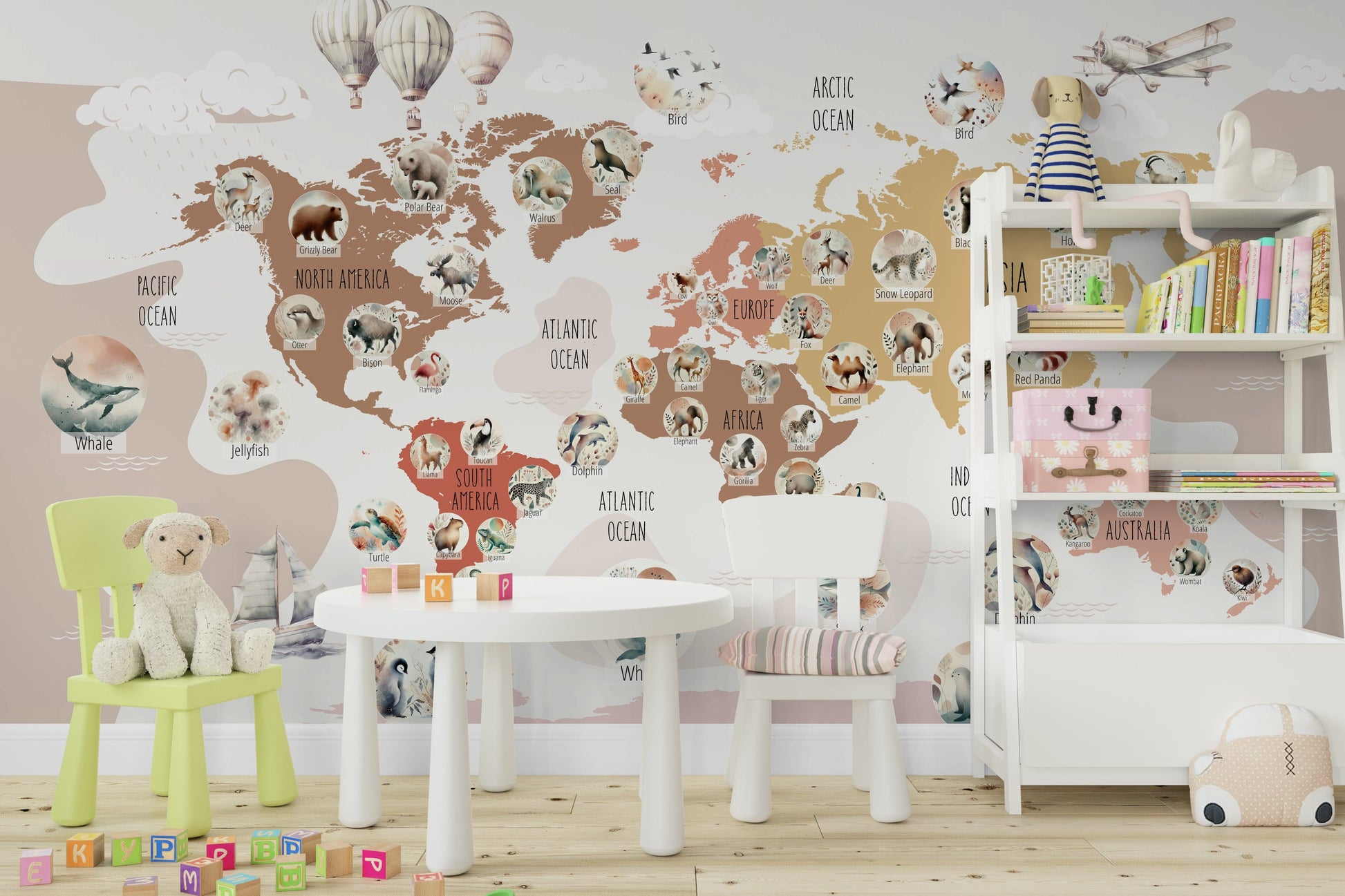 A photo of a Boho Wildlife Map Wall Mural featuring various animals.

