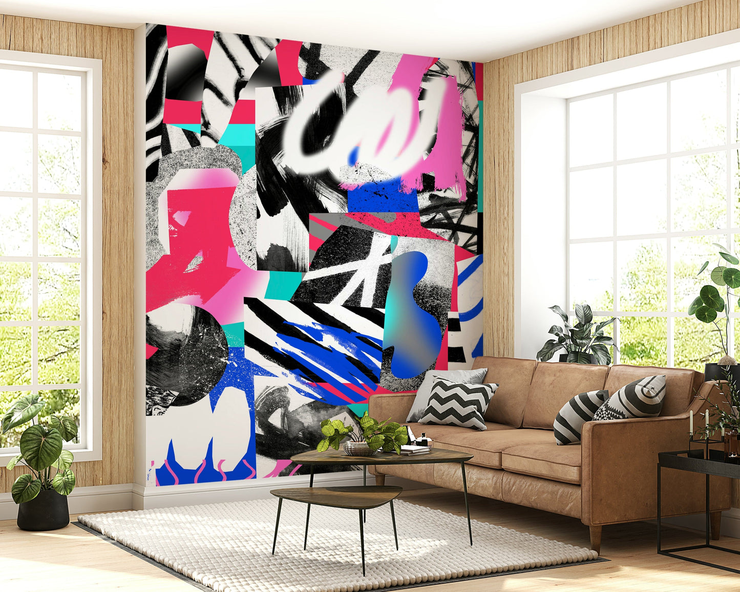 A calming abstract design wallpaper mural that defines a space.