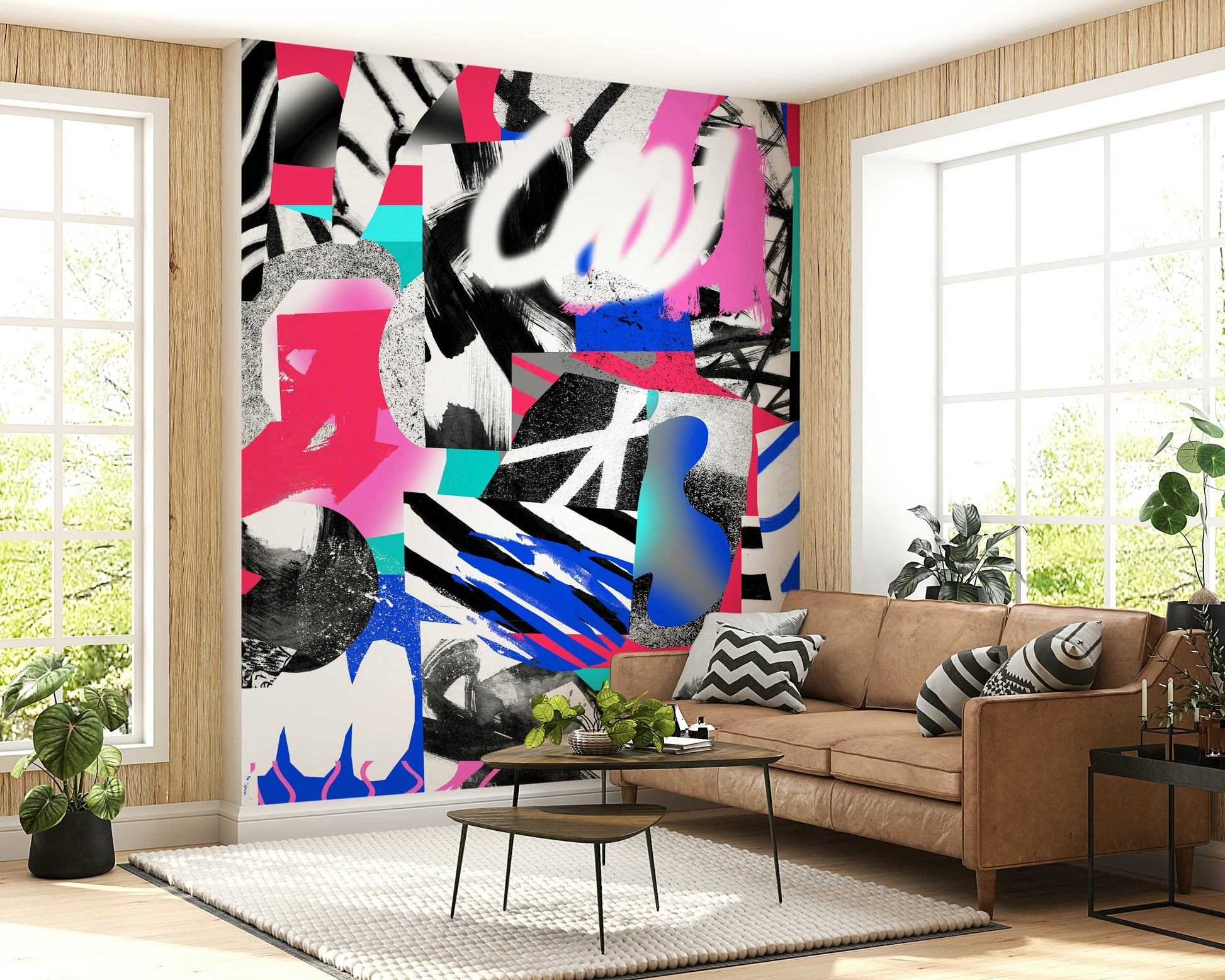 A calming abstract design wallpaper mural that defines a space.