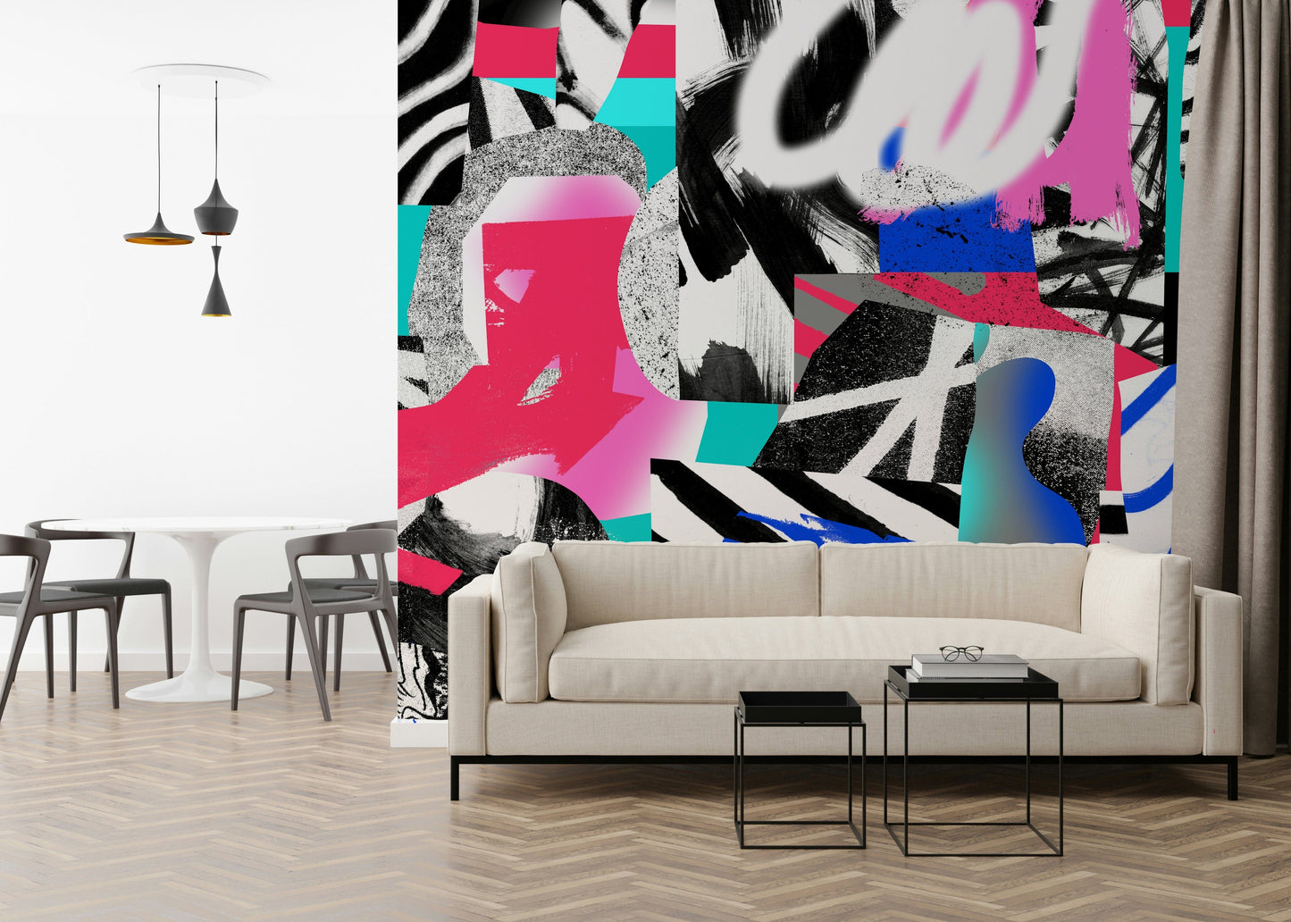 A beautiful modern art wall mural for a living room.