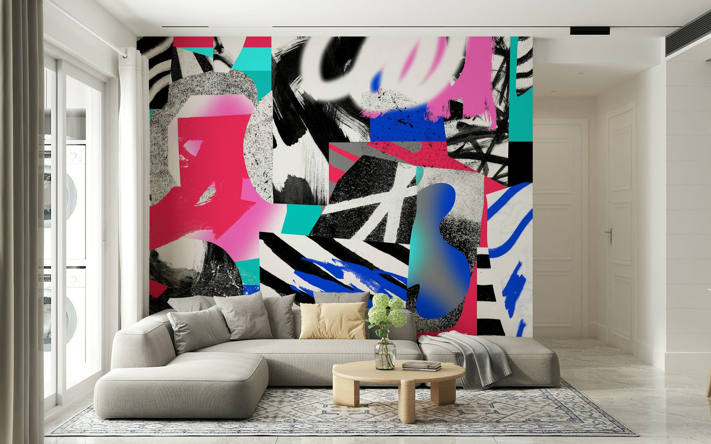 A contemplative geometric design wallpaper mural for a feature wall.