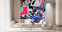 A beautiful dynamic collage wallpaper mural with abstract shapes.