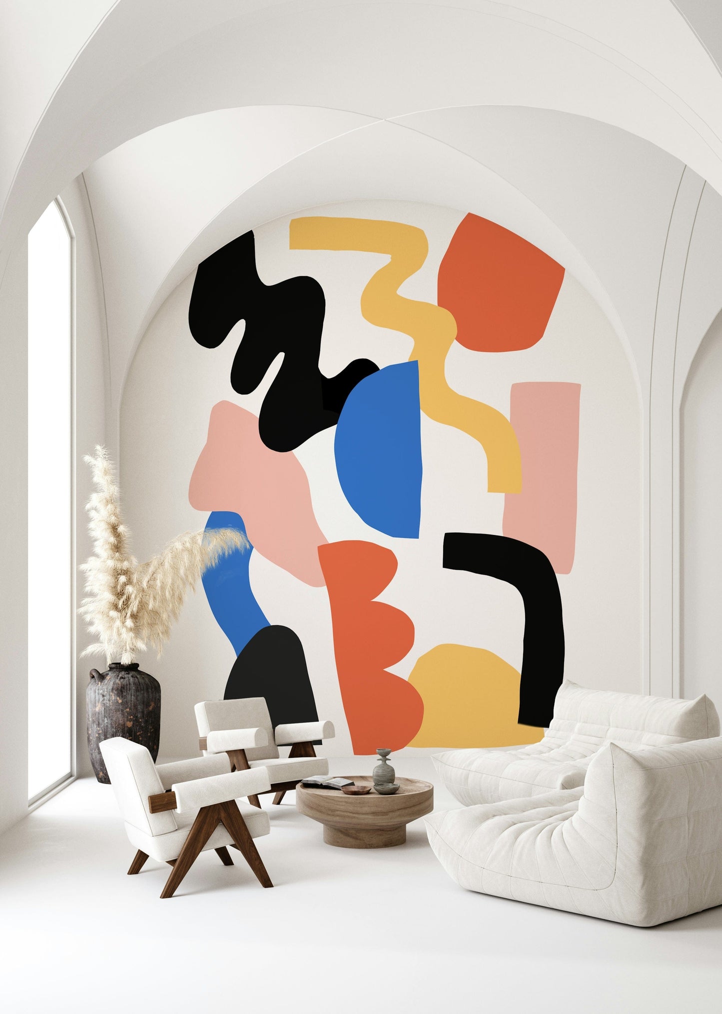 Playful overlapping blocks in bright tones, contemporary wall mural