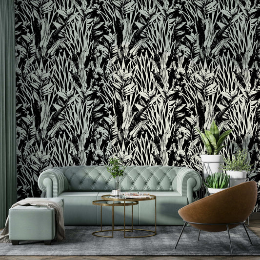 The colors are monochromatic, with different shades of black, white, and gray.

