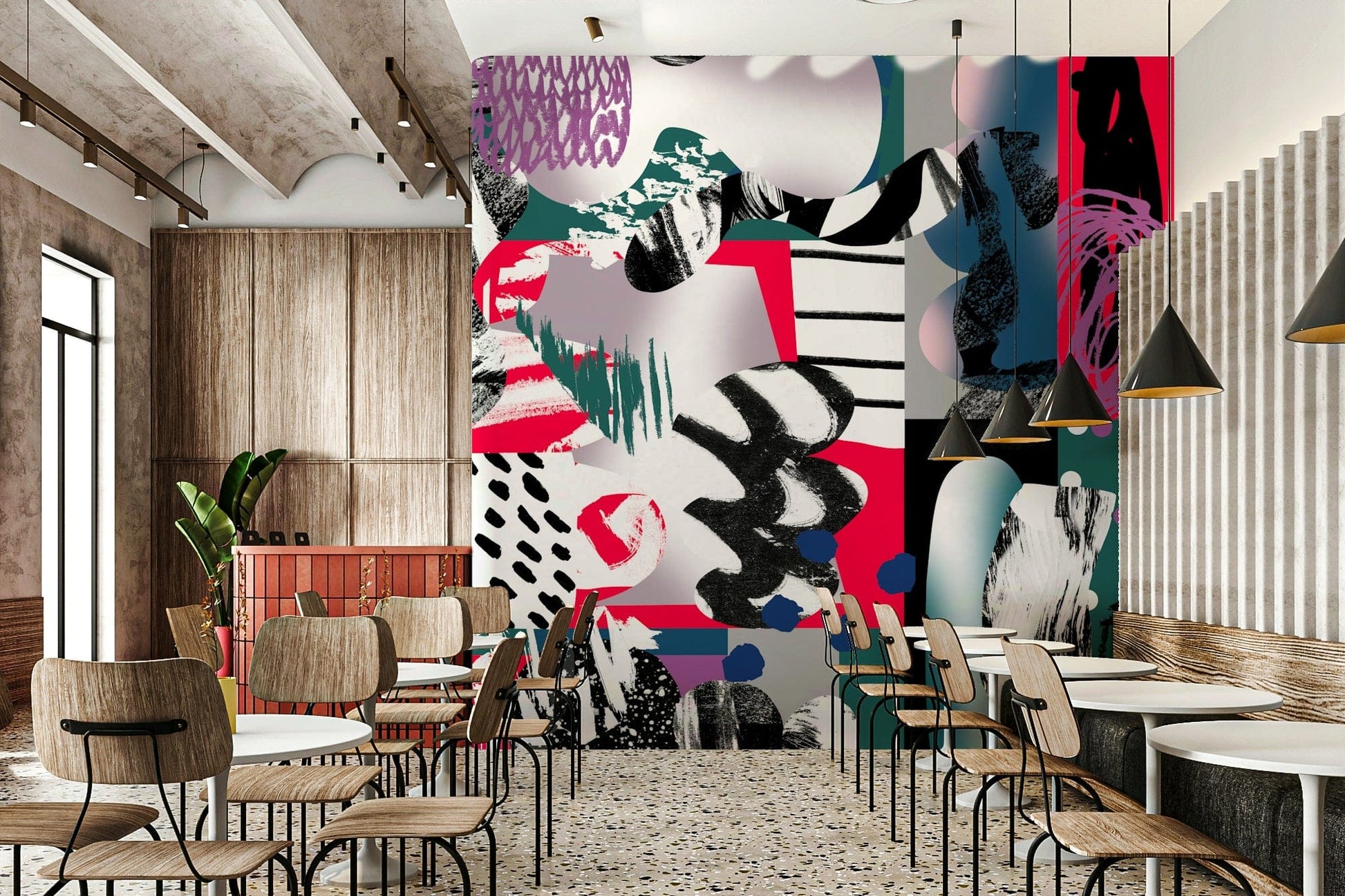 An artistic chaotic form mural for home decor.
