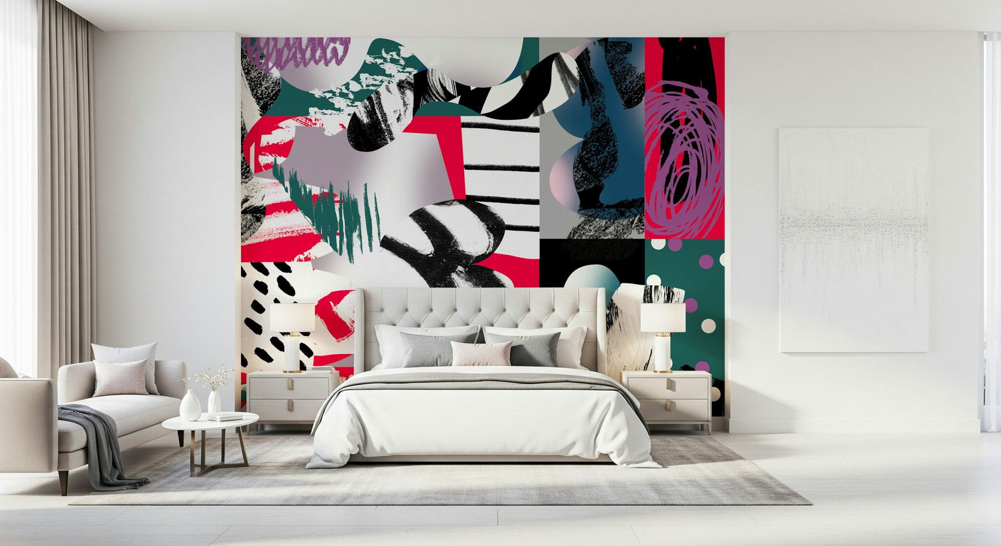 A peaceful modern abstract mural on decorative wallpaper.