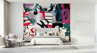 A peaceful modern abstract mural on decorative wallpaper.