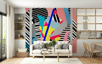 An artistic explorer motif mural on minimalist wallpaper.