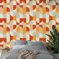 Interlocking geometric shapes in a wall mural.

