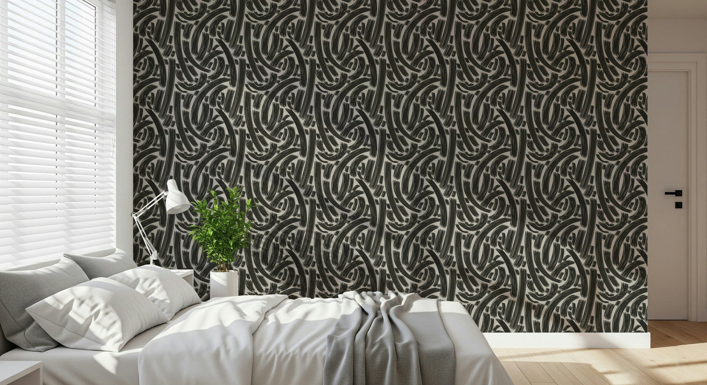 A peaceful modern abstract mural on decorative wallpaper.

