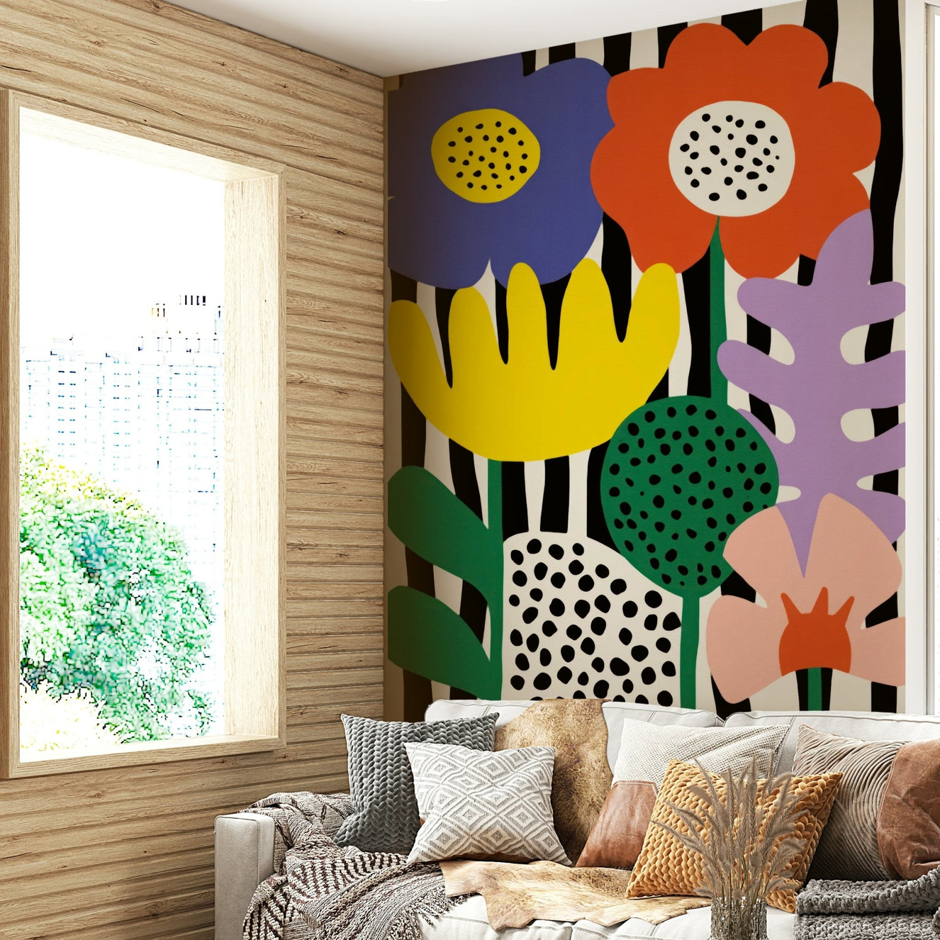 Bold Matisse Bloom Symphony Wall Mural with florals

