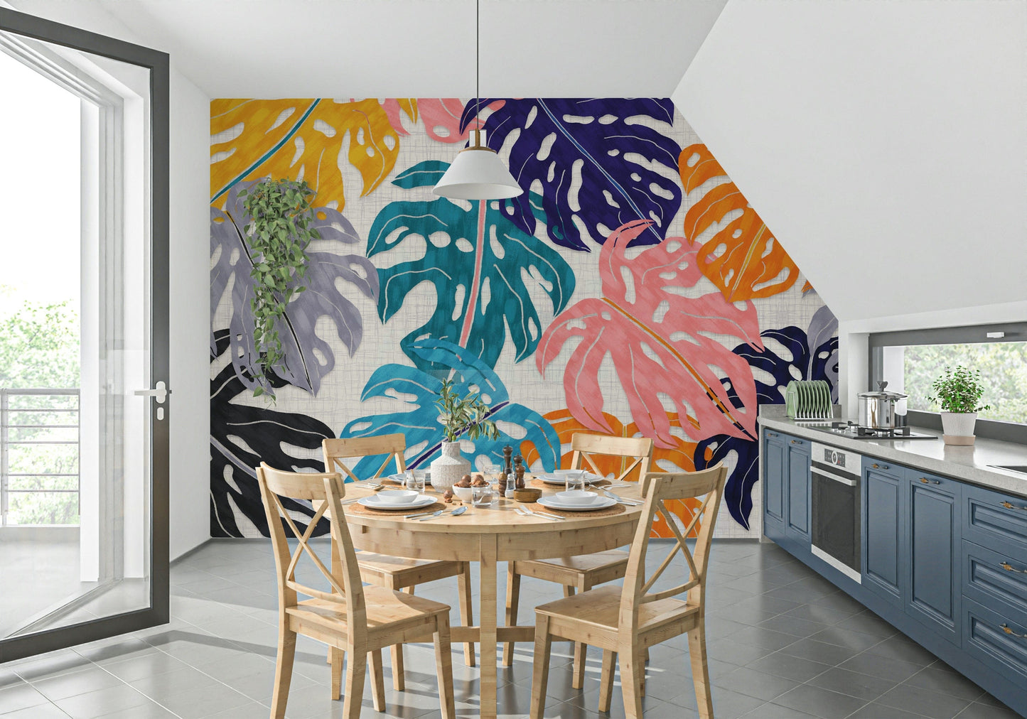 Colorful Bold Monstera Leaves Wall Mural