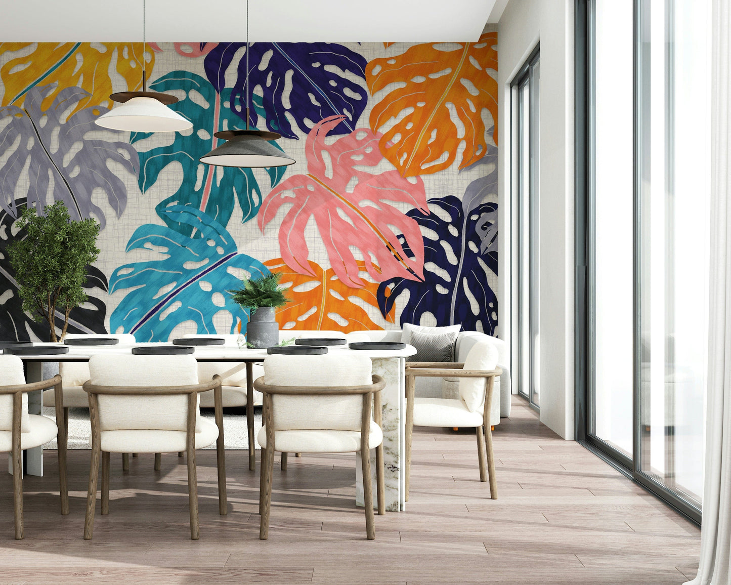 Colorful Bold Monstera Leaves Wall Mural