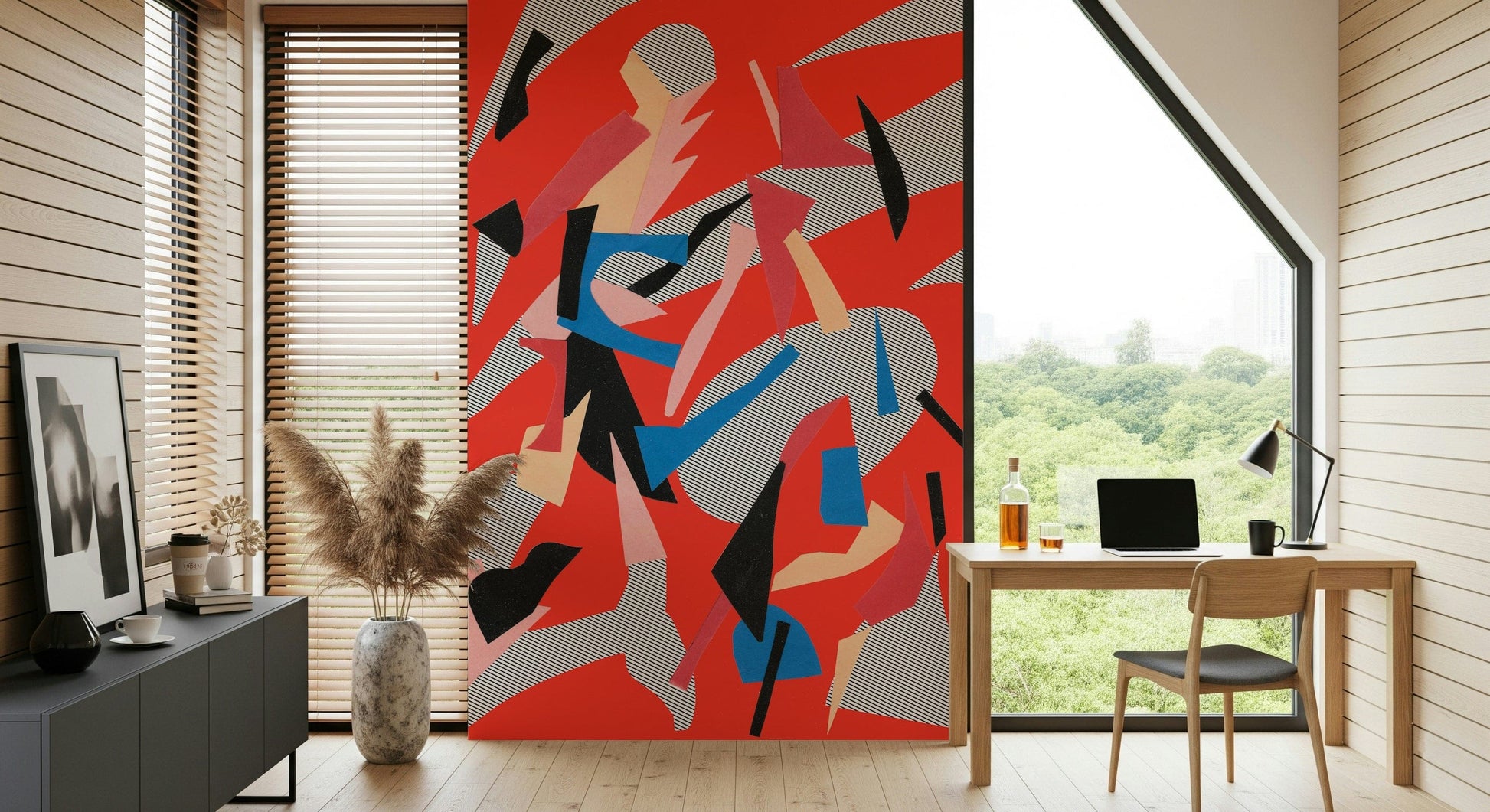 A peaceful modern abstract mural on decorative wallpaper.

