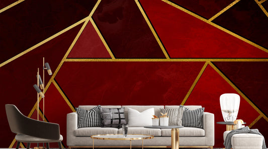 Bold abstract mural with red and gold mosaics
