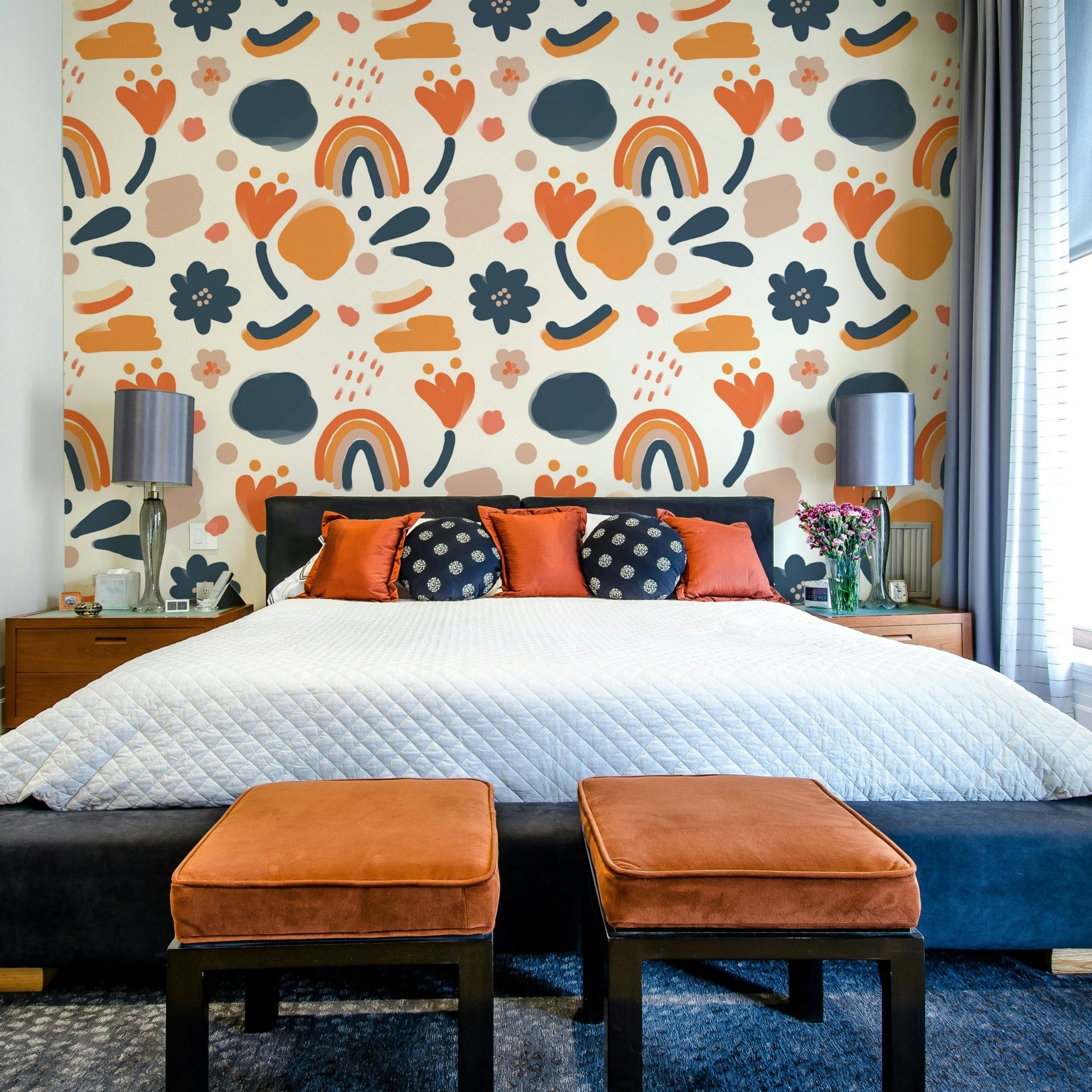 Large, colorful floral wallpaper for bold, modern rooms.

