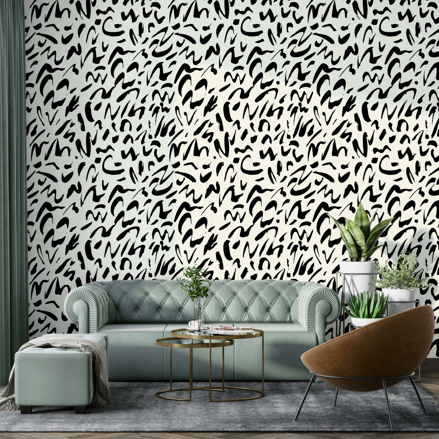 An angled shot of a wall with a brush doodle wallpaper

