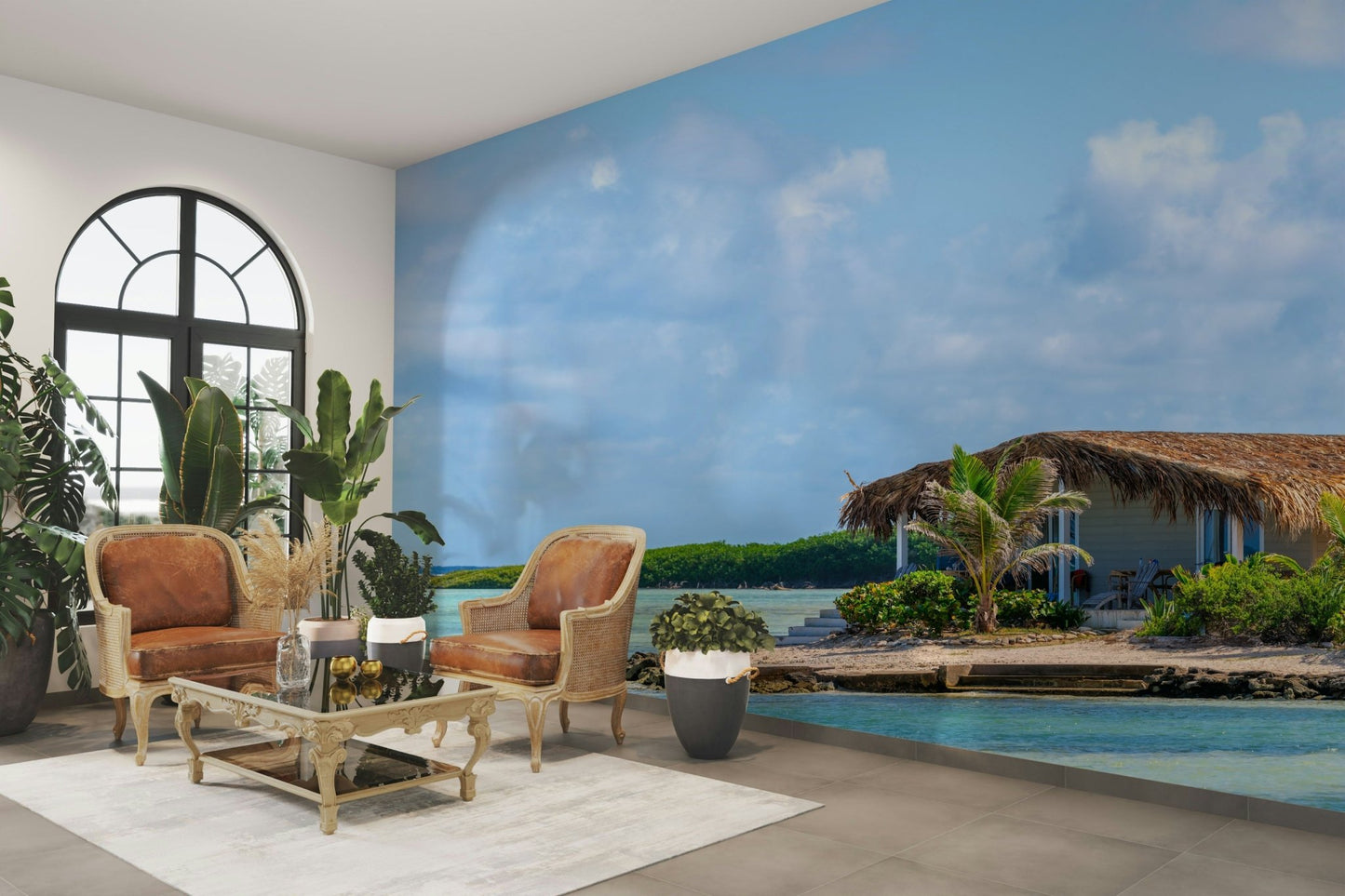 Mural with a single palm tree on the sand.

