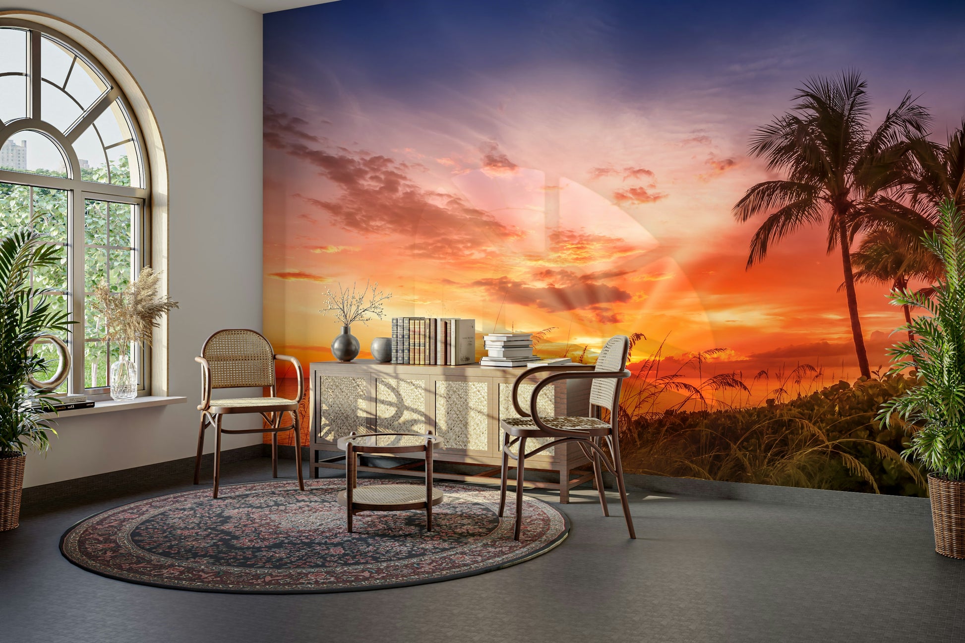 Picturesque beach mural with glowing sunset tones

