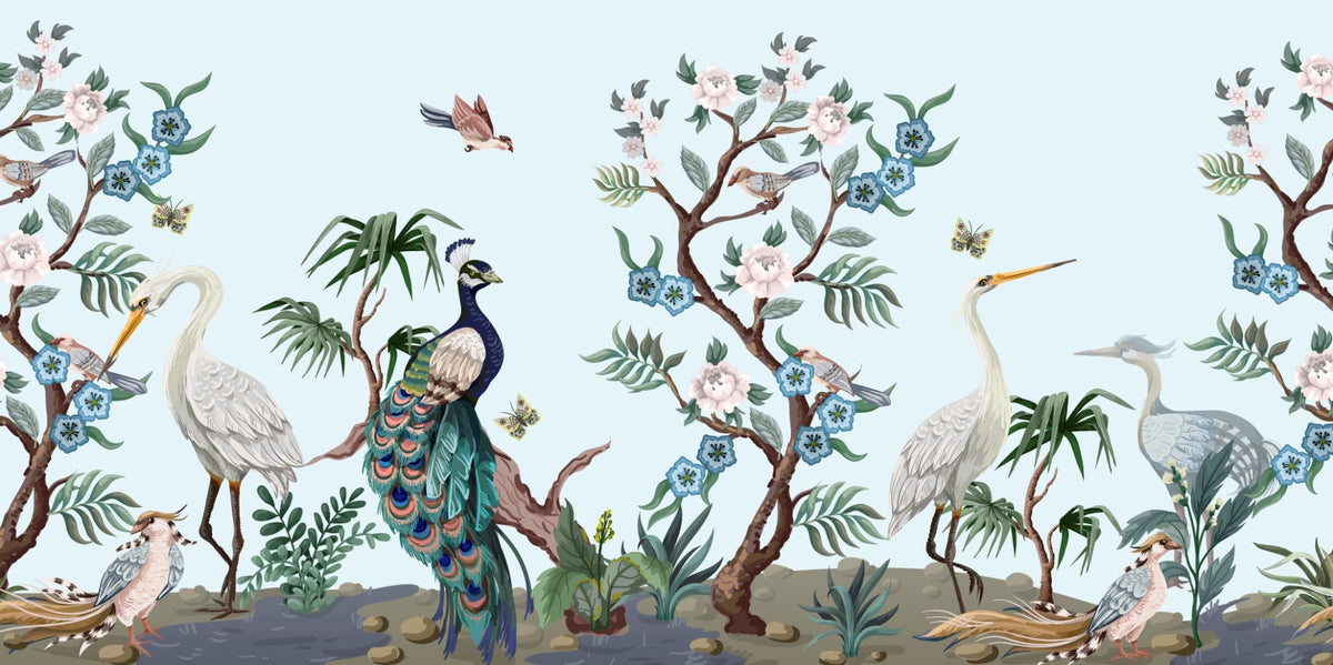 Peacock & Heron Bird Chinoiserie Wallpaper Murals in your room — zoomed