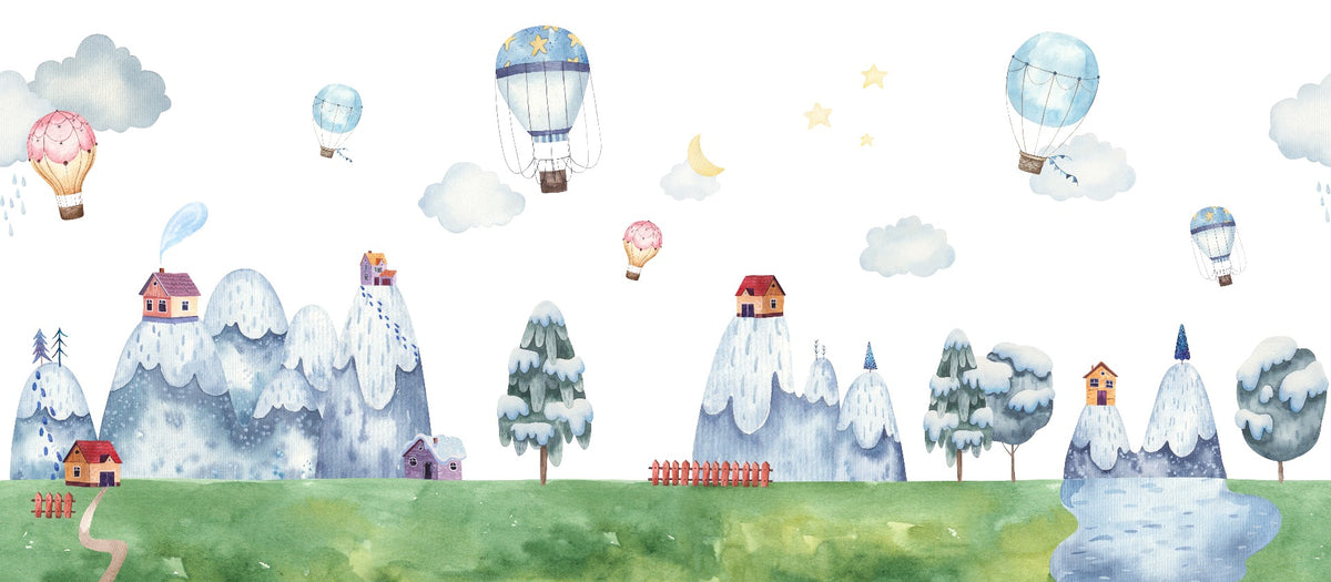 Watercolor City with Mountain & Balloons Wallpaper in your room