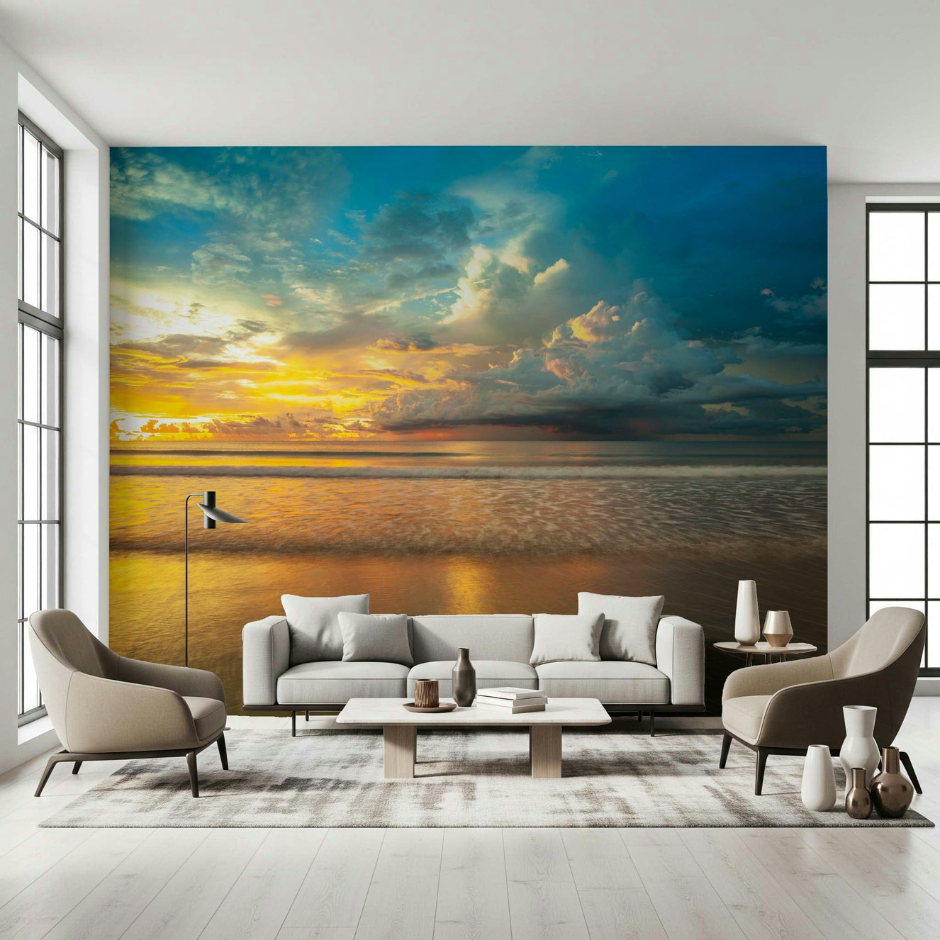 A serene sunset over calm ocean waves on a tropical shore featured in this Borneo Beach wallpaper.