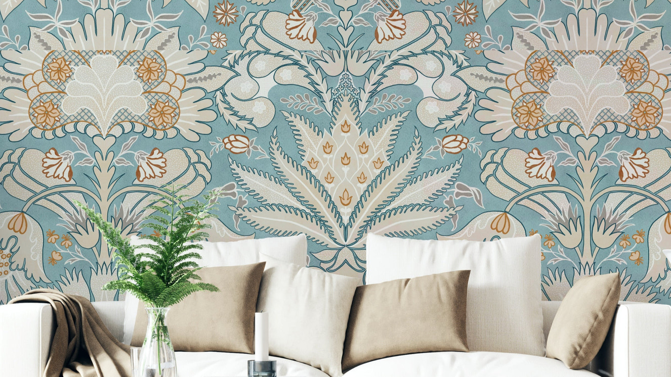 Botanic Damask Cream Aqua Blue Wallpaper in a lounge
