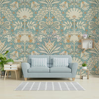 Damask wallpaper detail with cream and aqua tones

