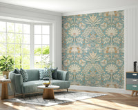 Botanic Damask Cream Aqua Blue Wallpaper
