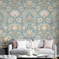 Botanic Damask Cream Aqua Blue Wallpaper