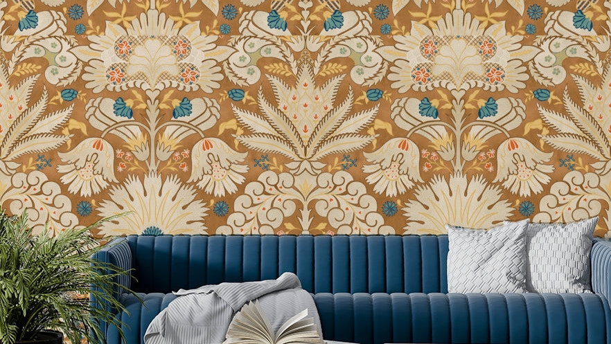 Botanic Damask Cream Rust Wallpaper in a living room


