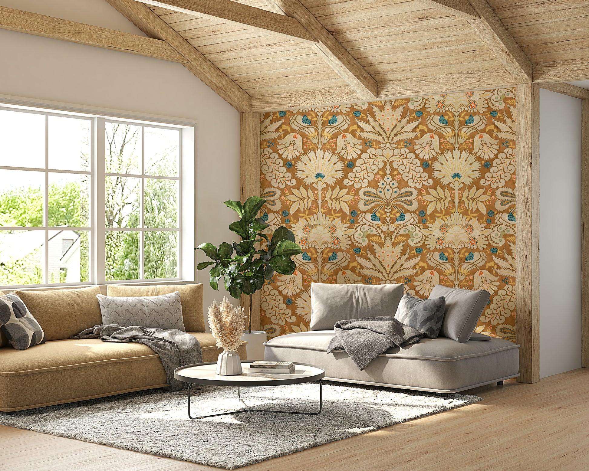 Accent wall featuring cream rust damask wallpaper

