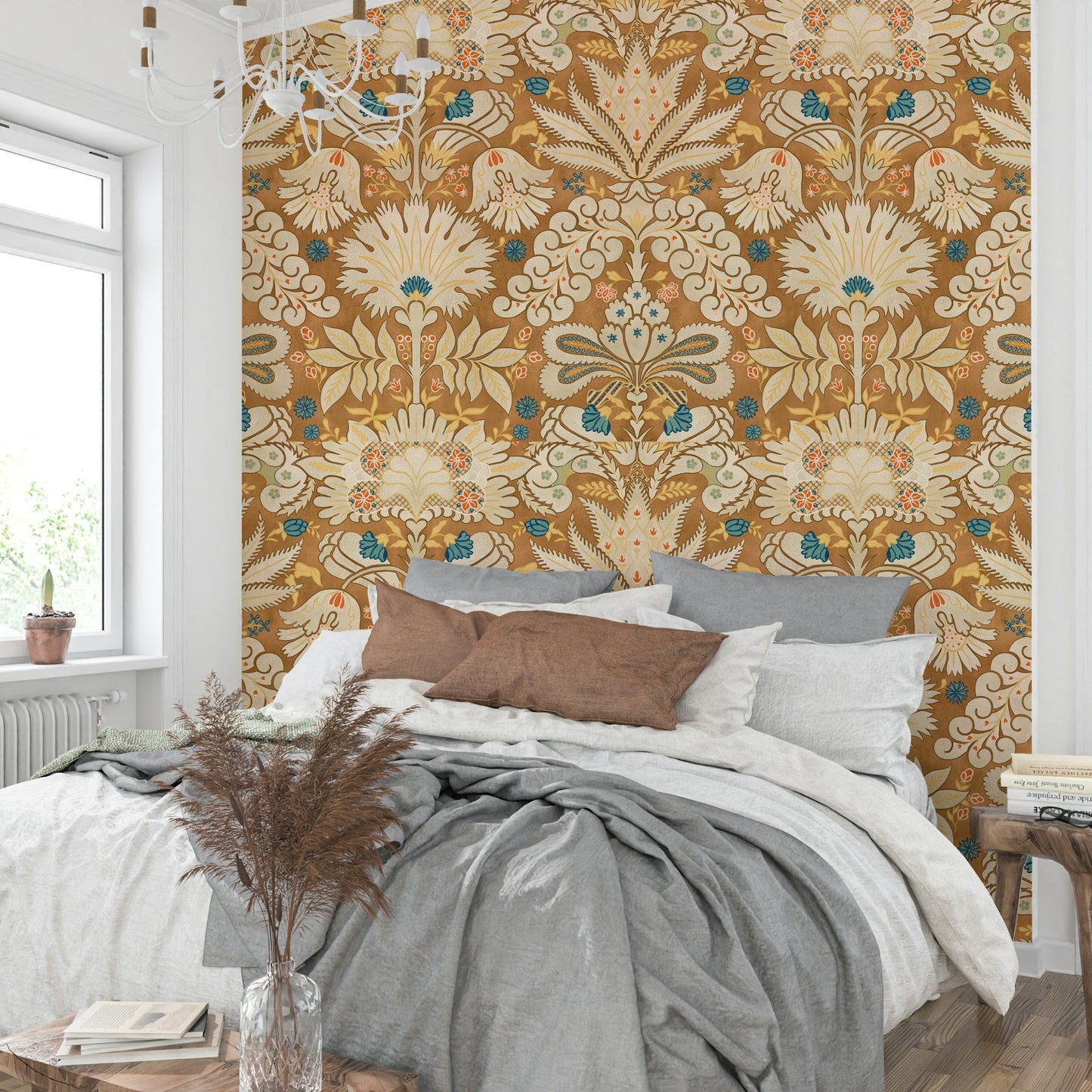 Textured damask print in soft cream and rusty hues

