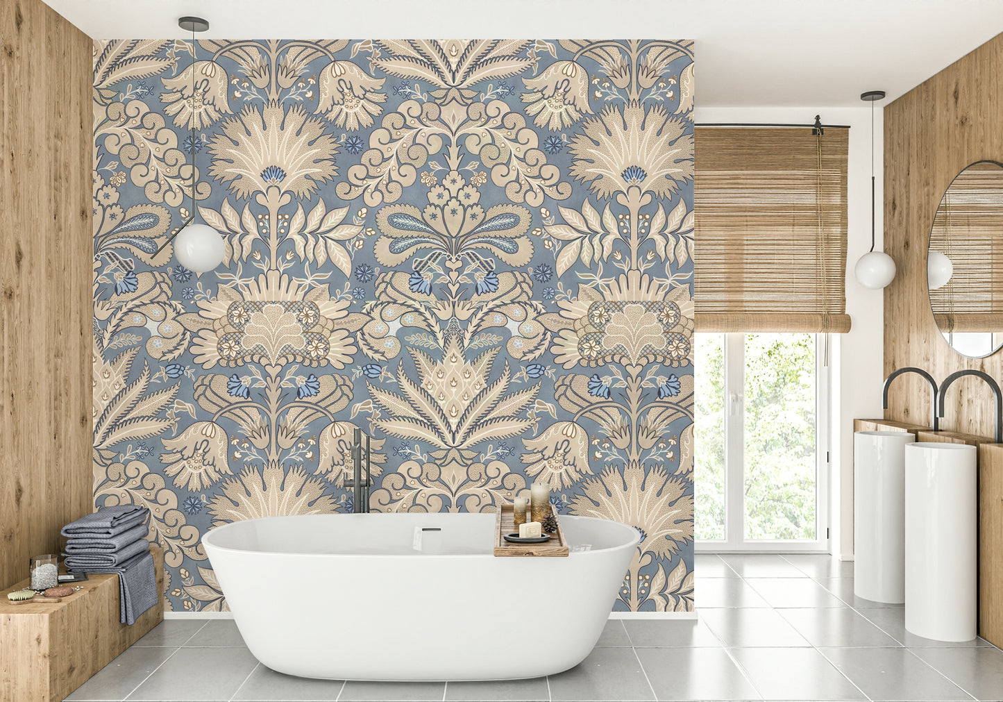 Elegant living room with blue and grey damask wallpaper

