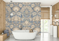 Elegant living room with blue and grey damask wallpaper

