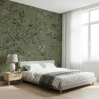 Charming aviary mural with birds perched on branches in a serene garden scene.