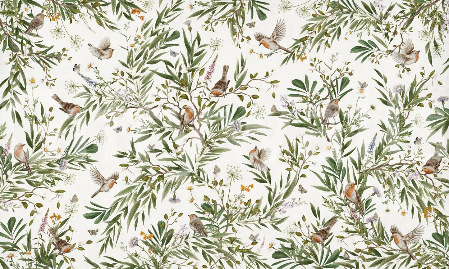 Botanical Aviary wallpaper mural shown as a full-wall pattern in cream with green foliage, lavender sprigs, butterflies and songbirds