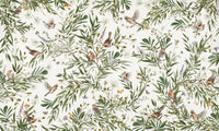 Botanical Aviary wallpaper mural shown as a full-wall pattern in cream with green foliage, lavender sprigs, butterflies and songbirds