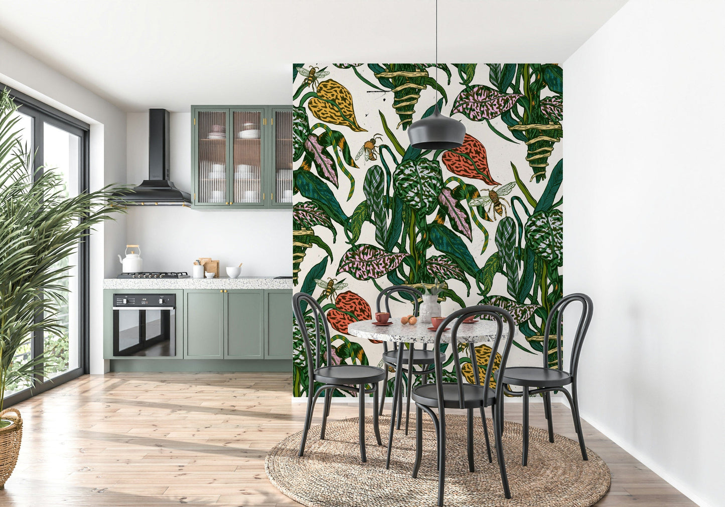 A contemplative floral pattern wallpaper mural for a feature wall.