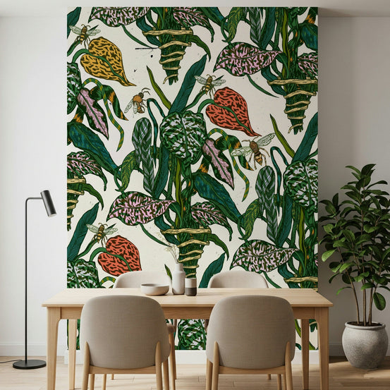 An artistic delicate bloom mural on minimalist wallpaper.