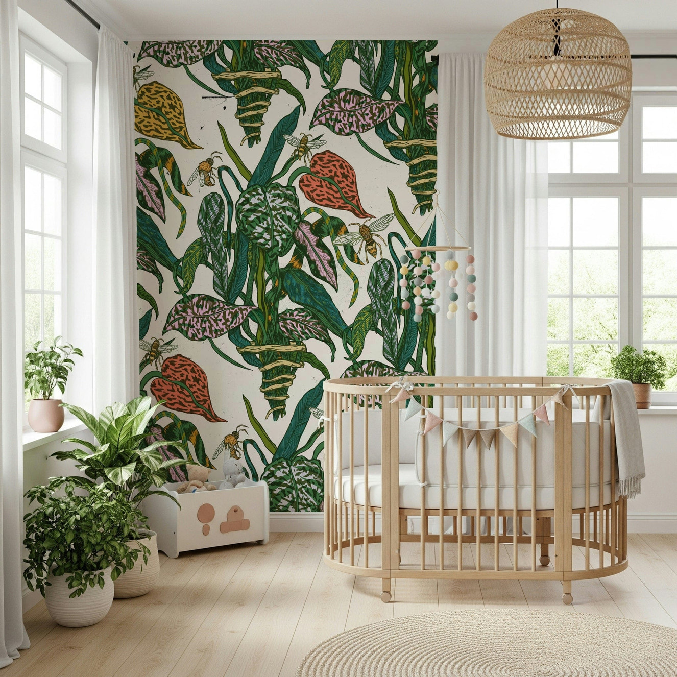 A beautiful botanical bee wallpaper mural with subtle flowers and flying insects.