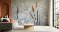 An artistic layered leaf mural on minimalist wallpaper.

