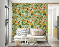 Lush botanical wallpaper with vibrant birds perched among flowers

